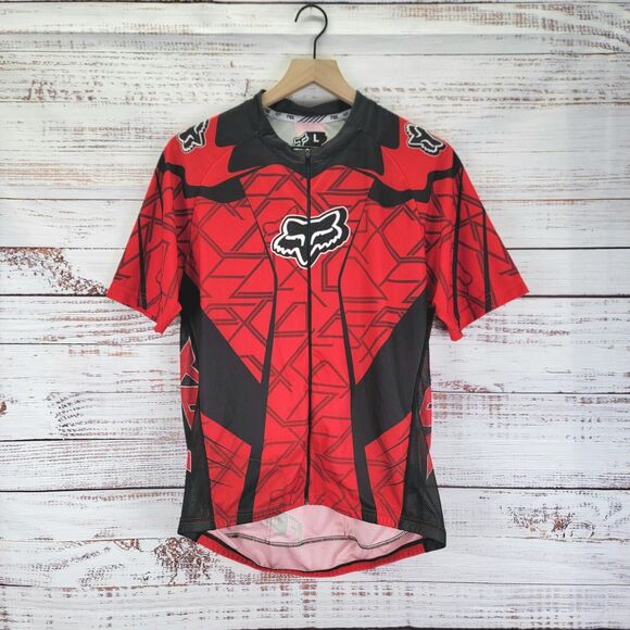 Fox Racing Men’s L Black Red Full Zip Short Sleeve Cycling Jersey EUC - Picture 1 of 7